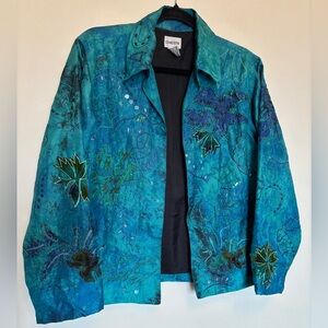 Chico's Jacket Sz 1 Women’s 100% Silk Embroidered Applique Boho Floral Lined